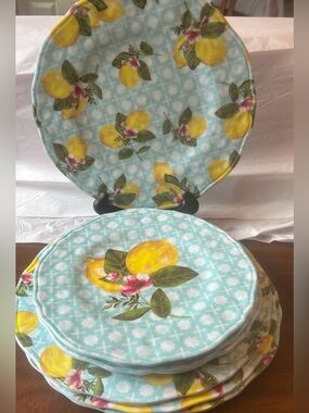 Shabby Chic Melamine Lemon Floral Plate Set of 8 Dinner & Salad Yellow Grn Blue